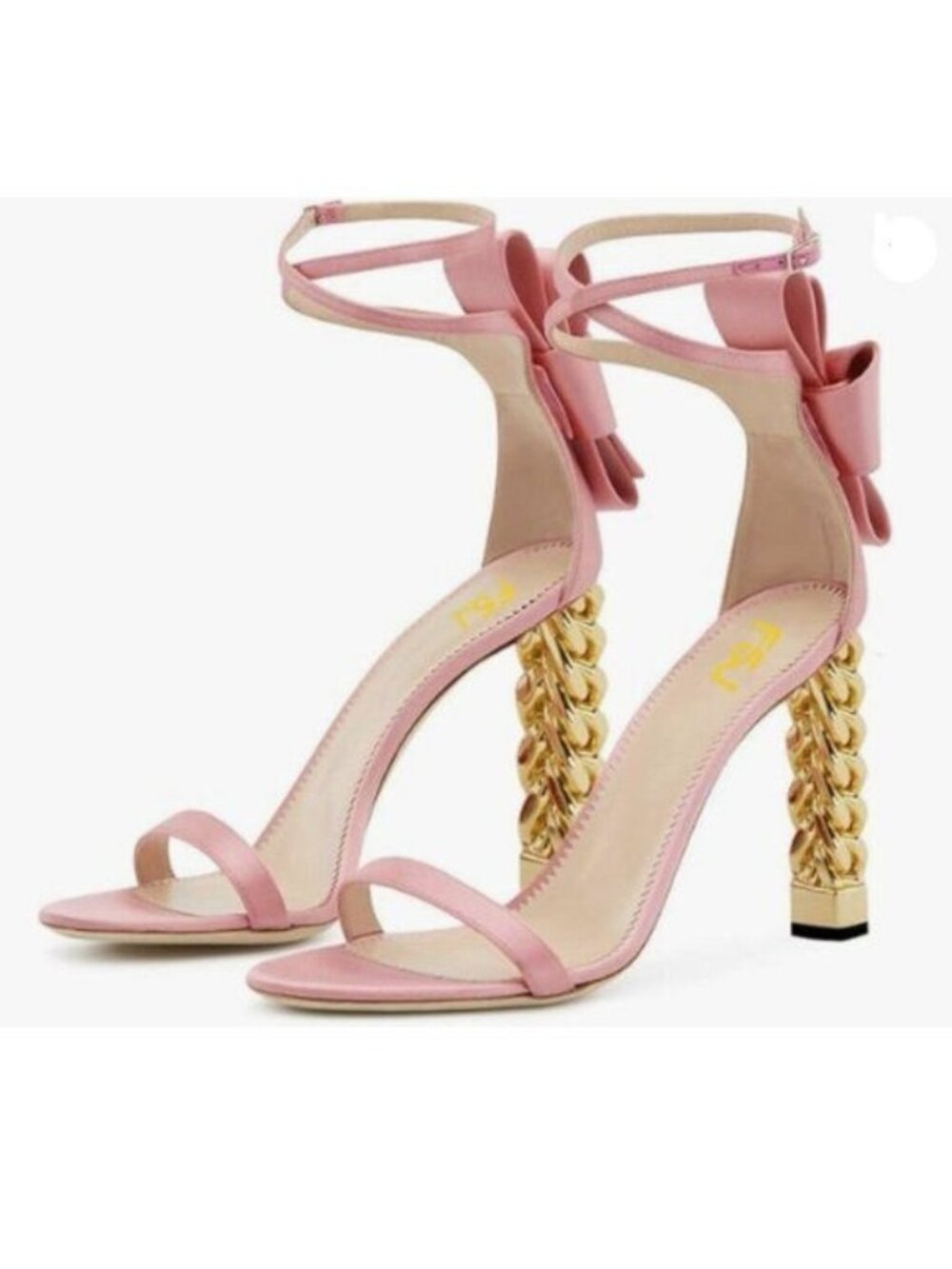 FSJ Women Flower Gold Metal Chain Chunky High Heels Ankle Strap Sandals Open Toe